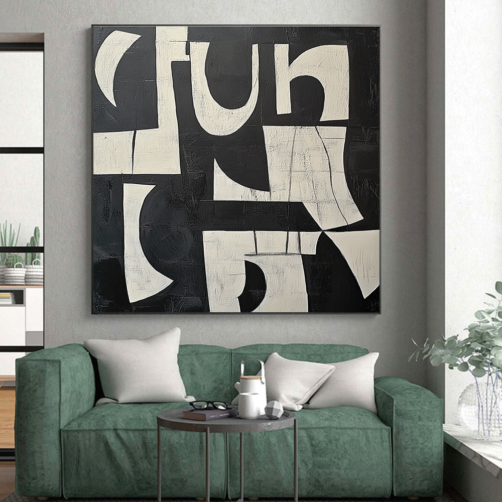 Black and White Textured Letters Abstract Painting with Artistic Typography WINK239