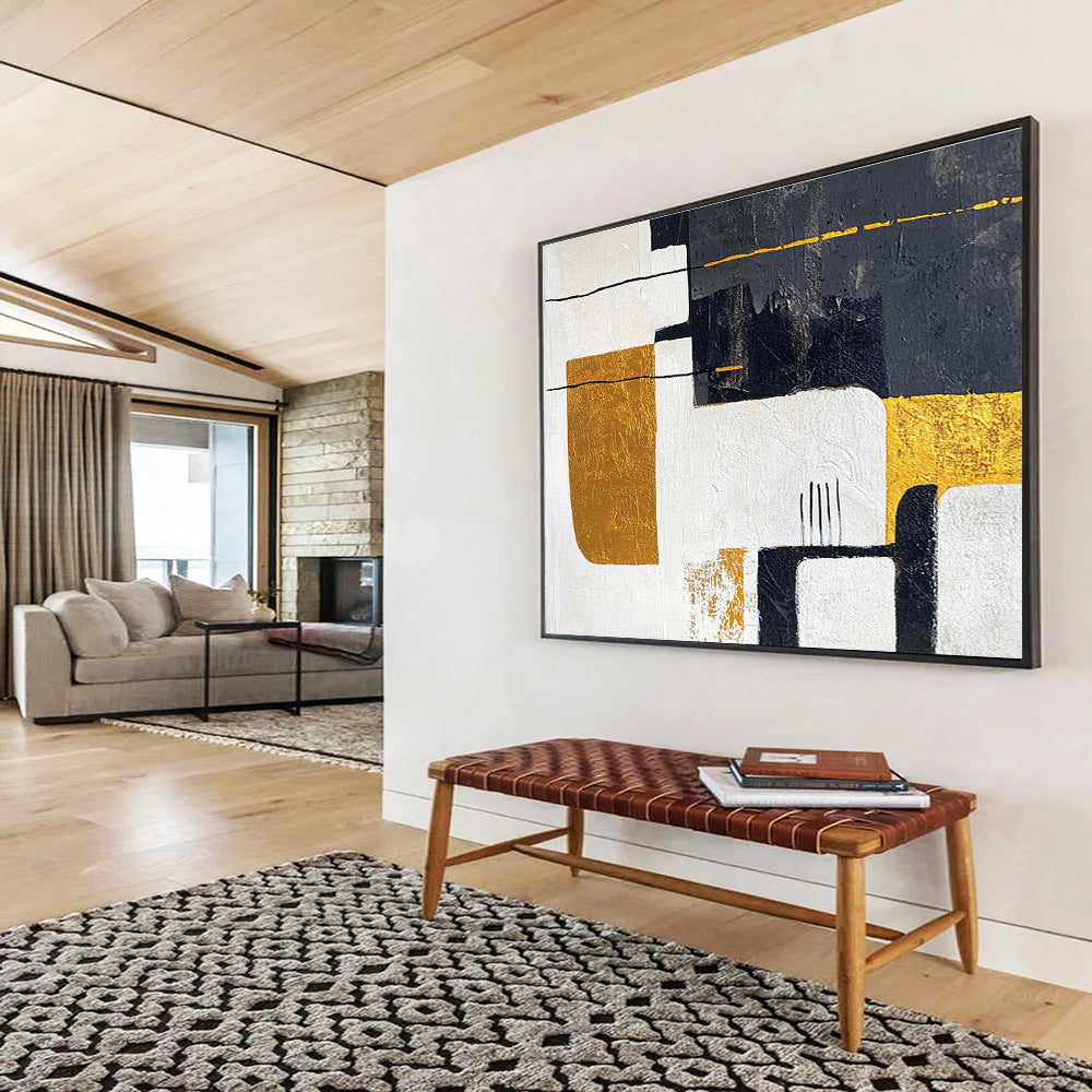 Black and Gold Geometric Abstract Painting with Sophisticated Style ABS425
