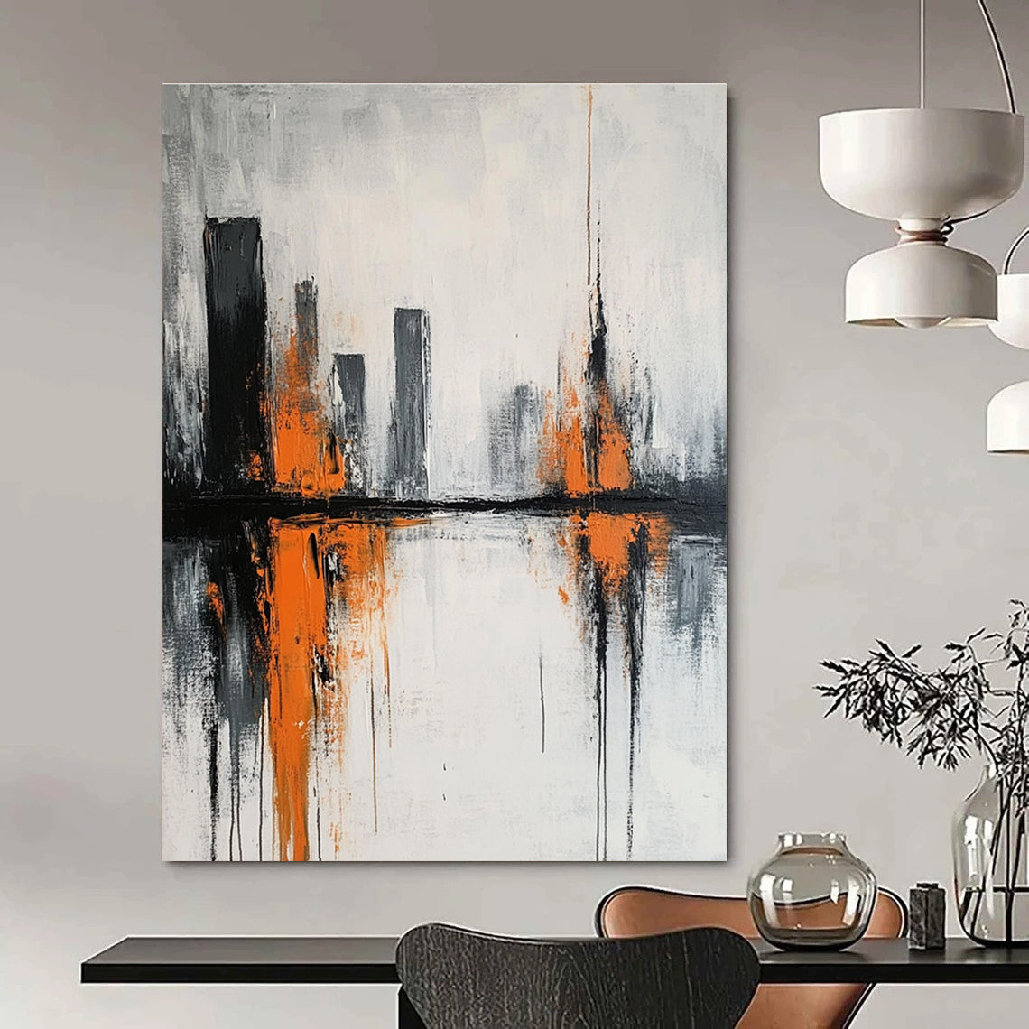 Abstract City Reflection Painting in Gray and Orange GAB0664