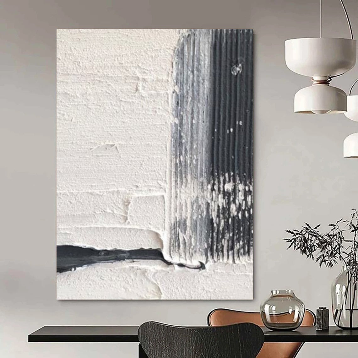 White and Black Textured Striped Art Abstract Painting for Monochrome - Themed Dining Rooms HENG366