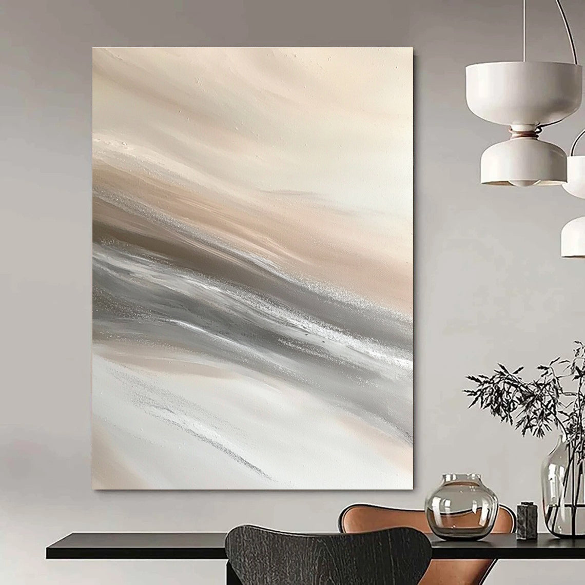 Beige and Grey Flowing Textures Abstract Painting with Soft Movement GAB0074