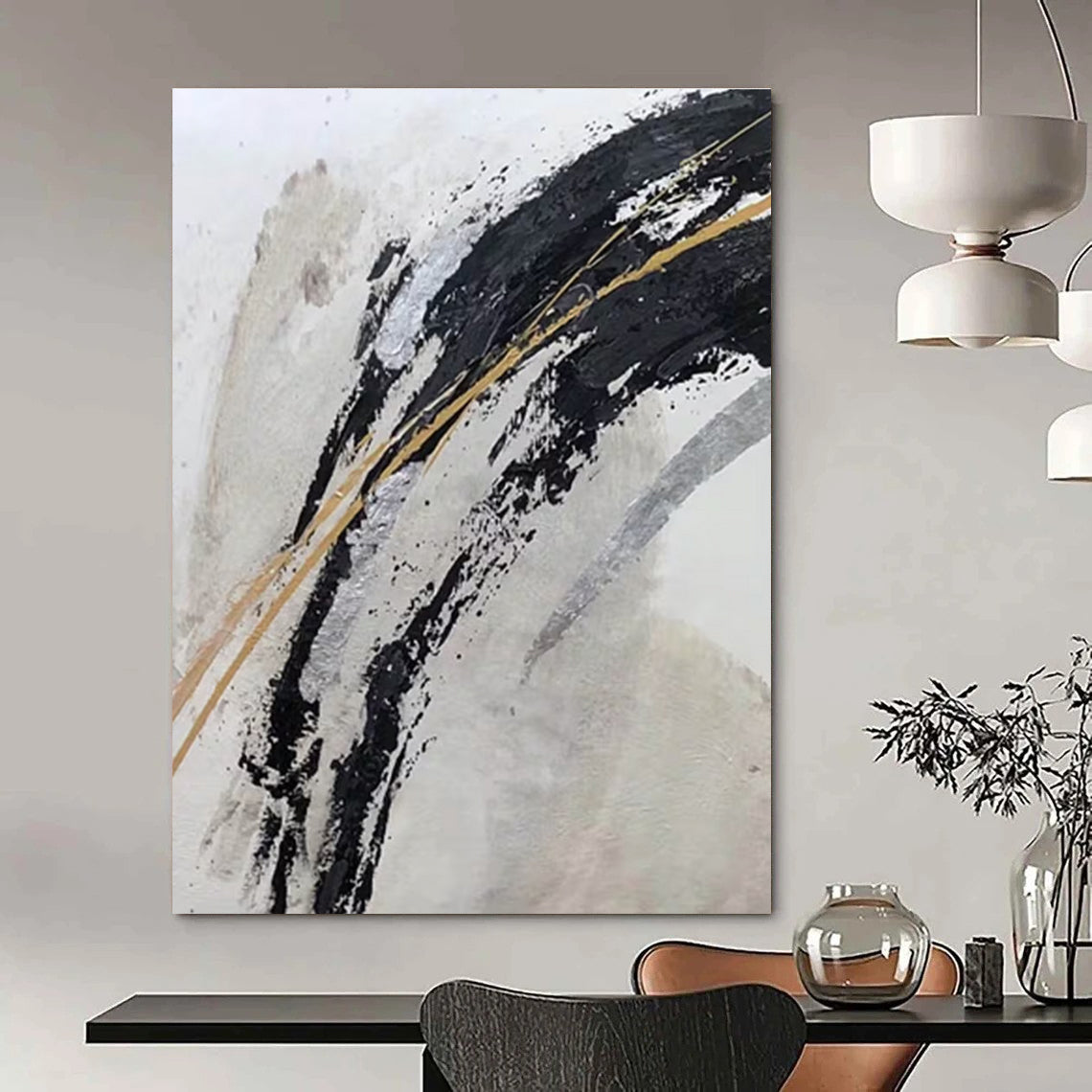 Luxurious Black - Gold Abstract Strokes Painting for Opulent Spaces HENG249