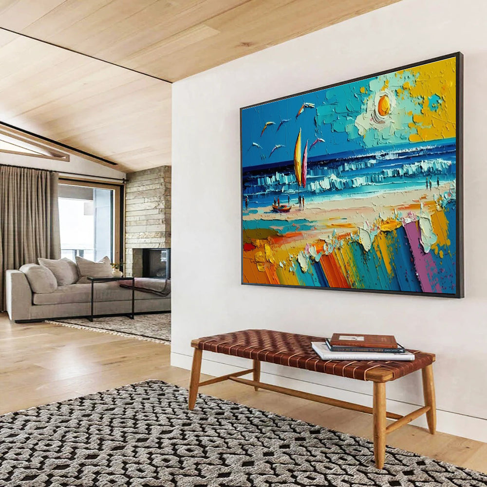 Beach Scene with Sailboat Abstract Painting for Vacation Home Interiors YHT313