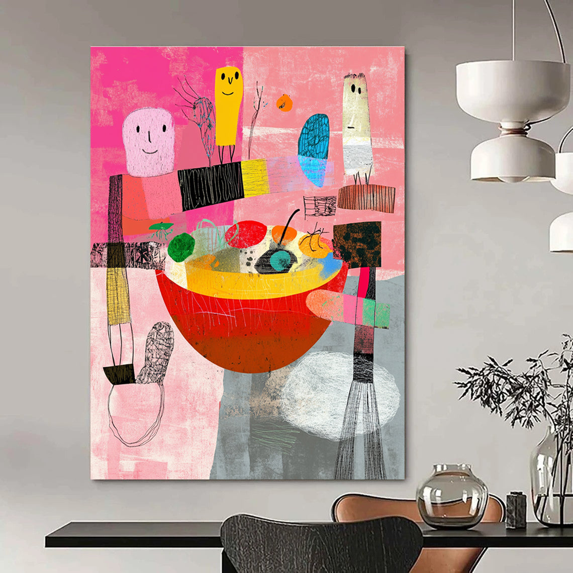 Pink and Colorful Figures Abstract Painting of Whimsical Gathering GAB0097