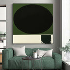 Black Circle on Green Abstract Painting with Bold Contrast WINK218