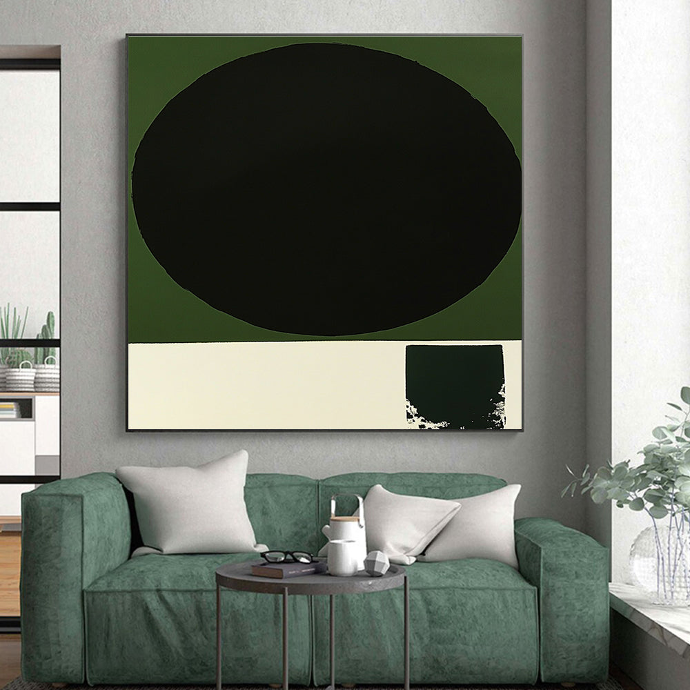 Black Circle on Green Abstract Painting with Bold Contrast WINK218