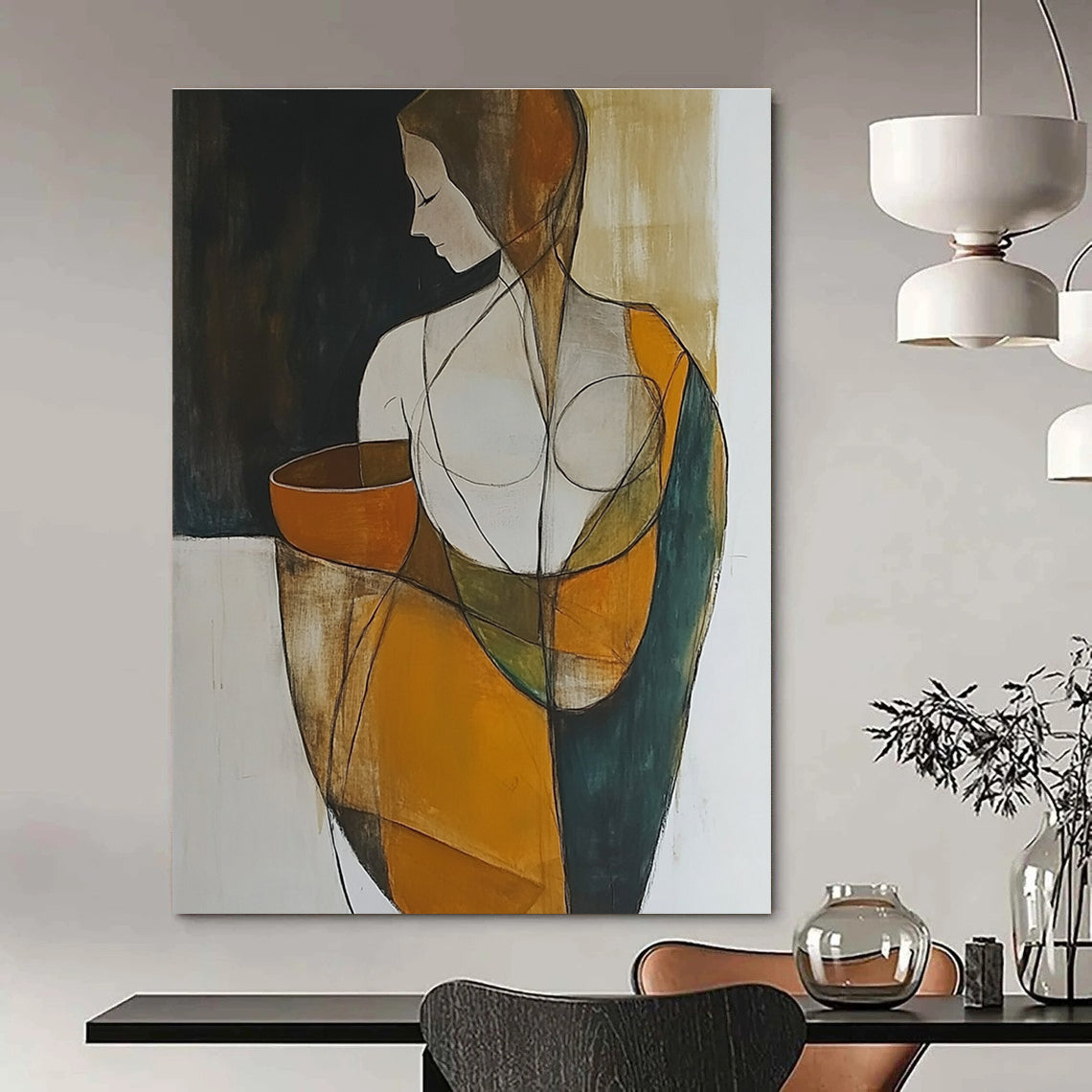Stylized Figure with Bowl Abstract Painting for Cultural Vibes GAB0718
