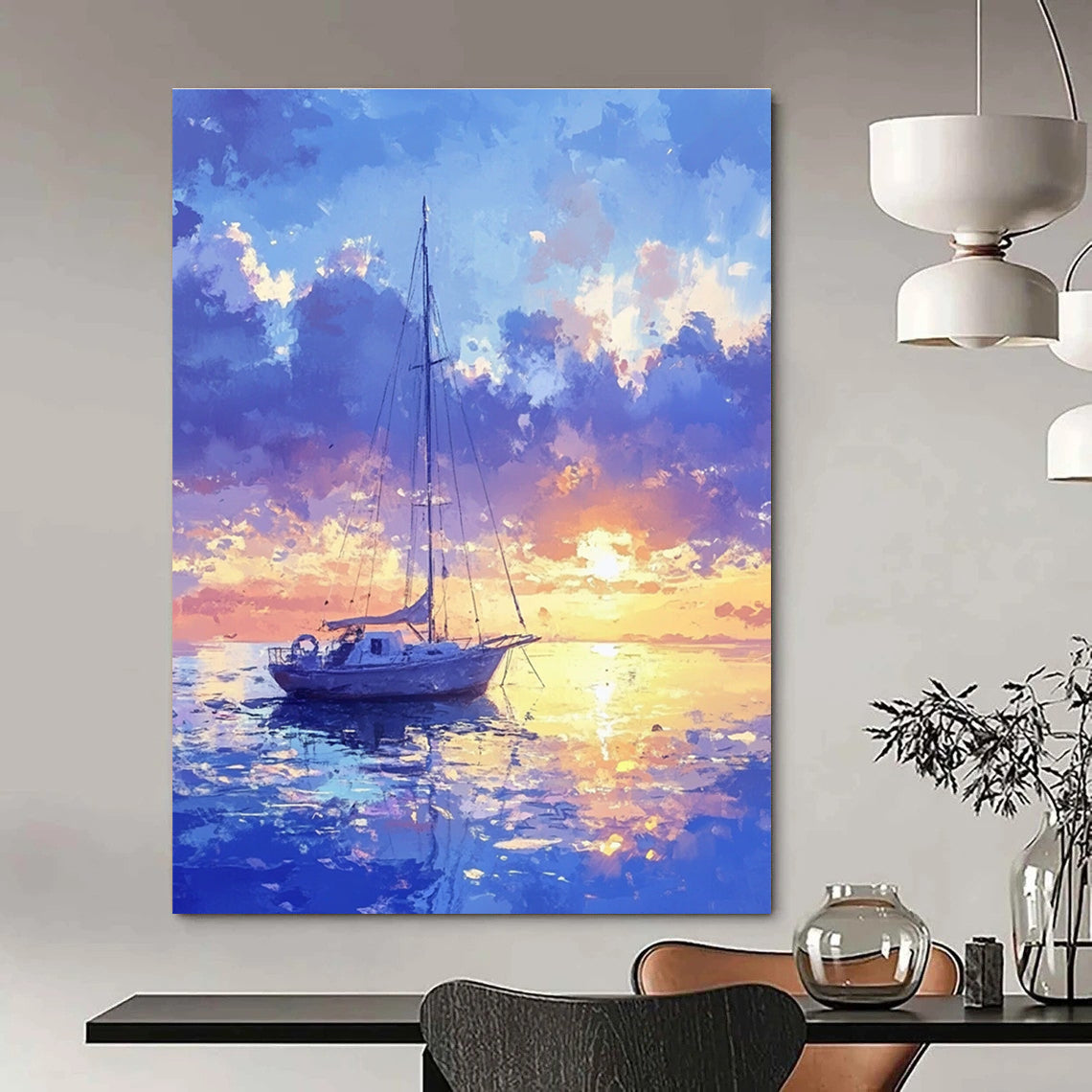 Sailboat at Sunset Romantic Coastal Abstract Painting GAB0330