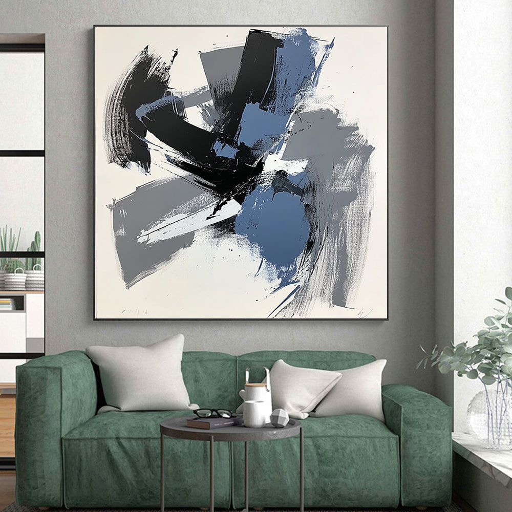 Gray Black and Blue Abstract Painting with Expressive Layers WINK824