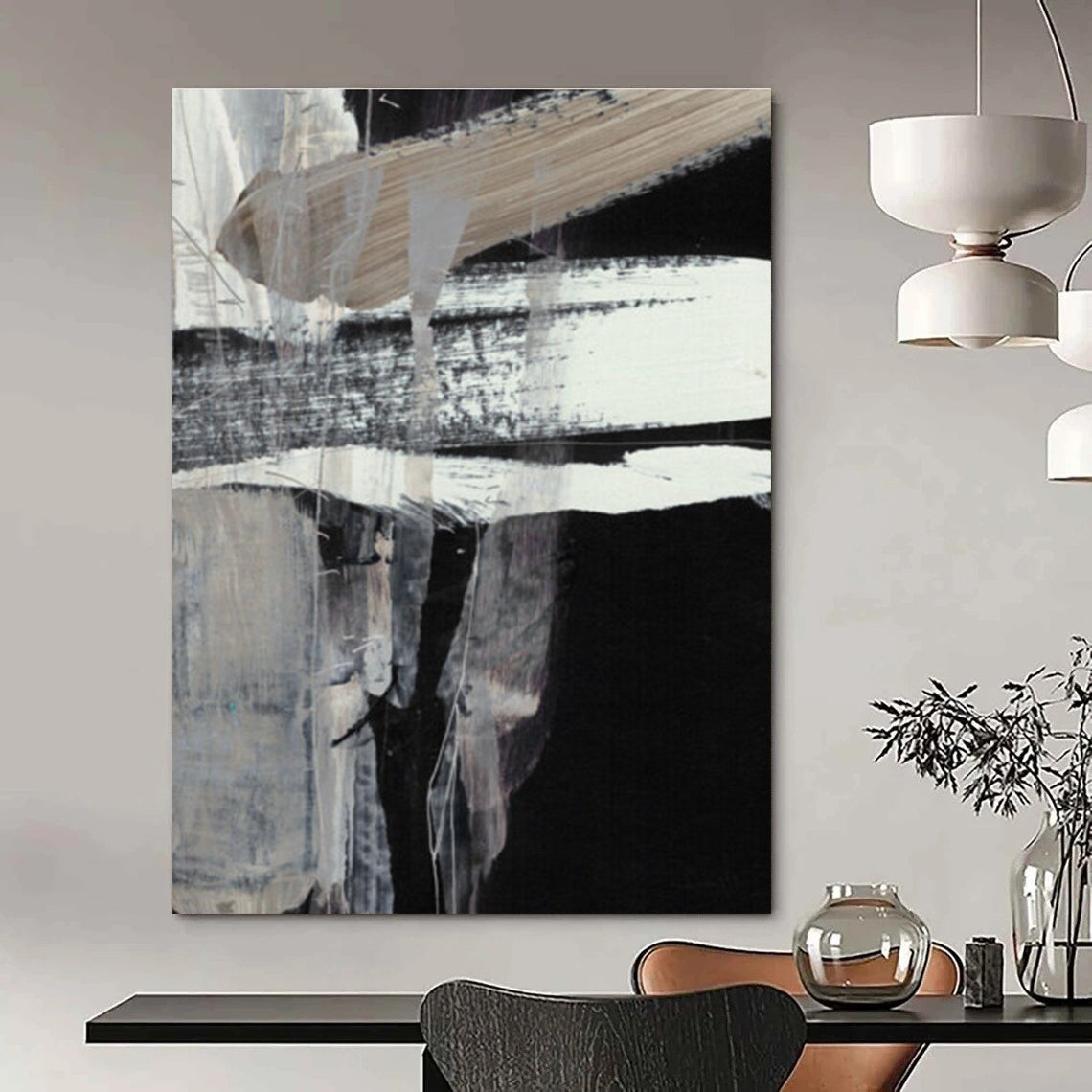 Black - White Textured Abstract Painting for Minimalist Home Offices HENG193