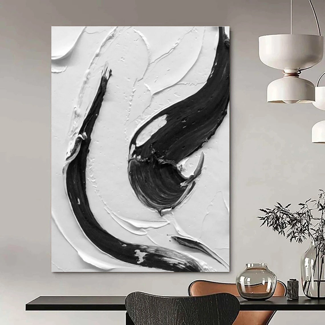 Black - White Vertical Stroke Art Abstract Painting for Contemporary Entrances HENG377