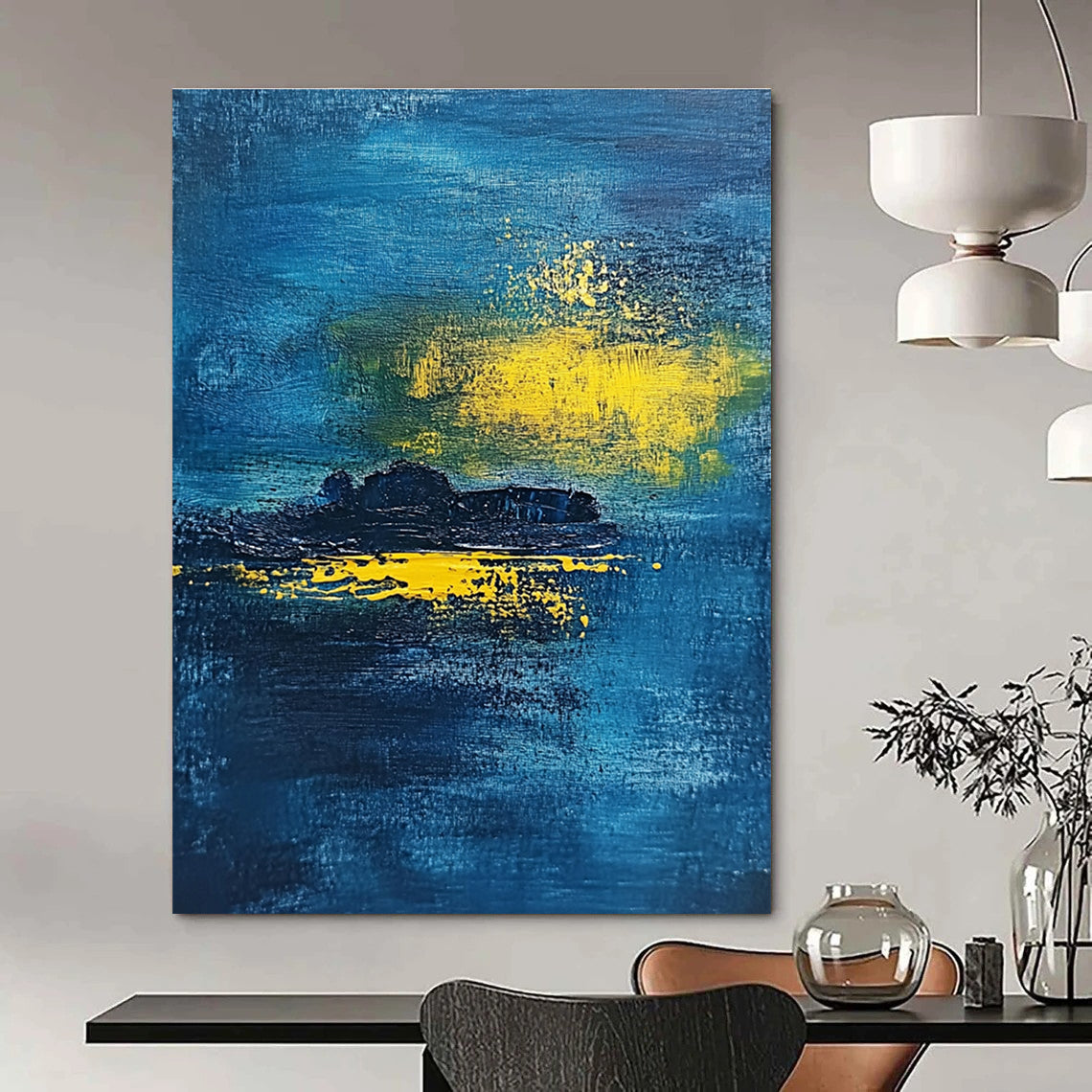 Blue Sea with Yellow Light - Mysterious Coastal Abstract Art GAB0469