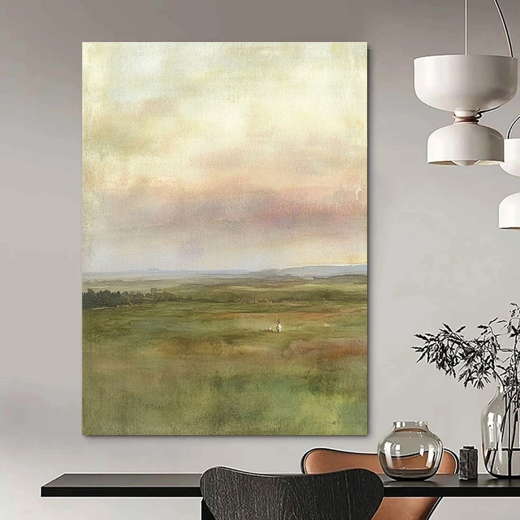 Green Field with Figure - Serene Landscape Watercolor Art GAB0390