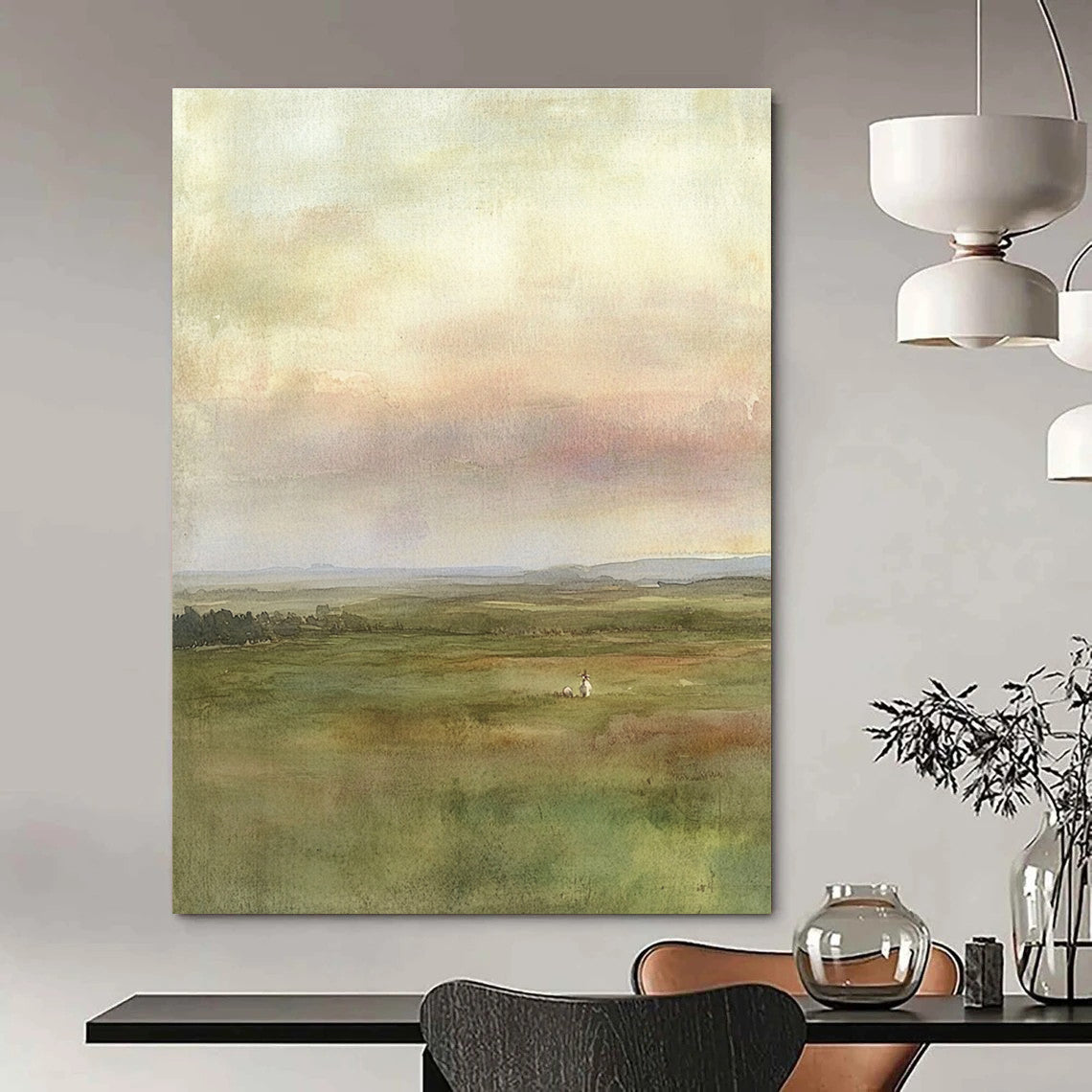 Green Field with Figure - Serene Landscape Watercolor Art GAB0390