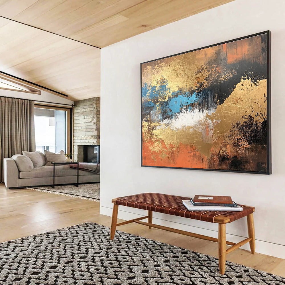Gold - Blue Abstract Painting with Textured Brushstrokes ABS251