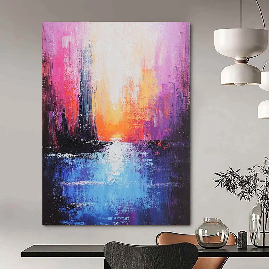 Pink Sunset Cityscape Abstract Painting for Romantic Interiors GAB0734