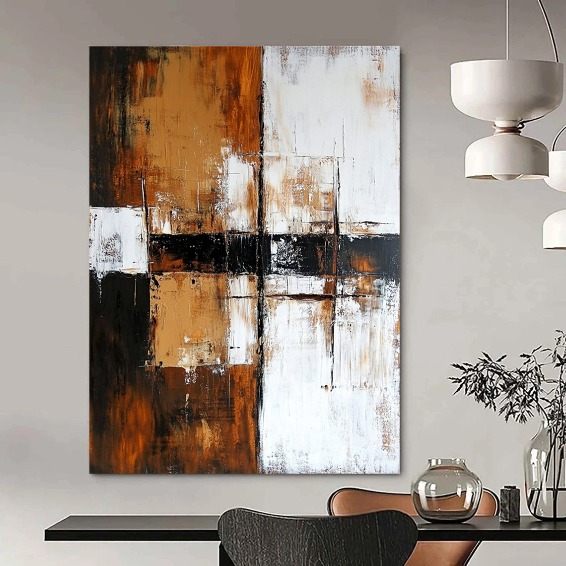 Brown and Black Grid - Patterned Abstract Painting for Industrial - Style Offices GAB0890