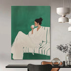 Leisurely Woman with Cup Abstract Painting in Green and White GAB0020