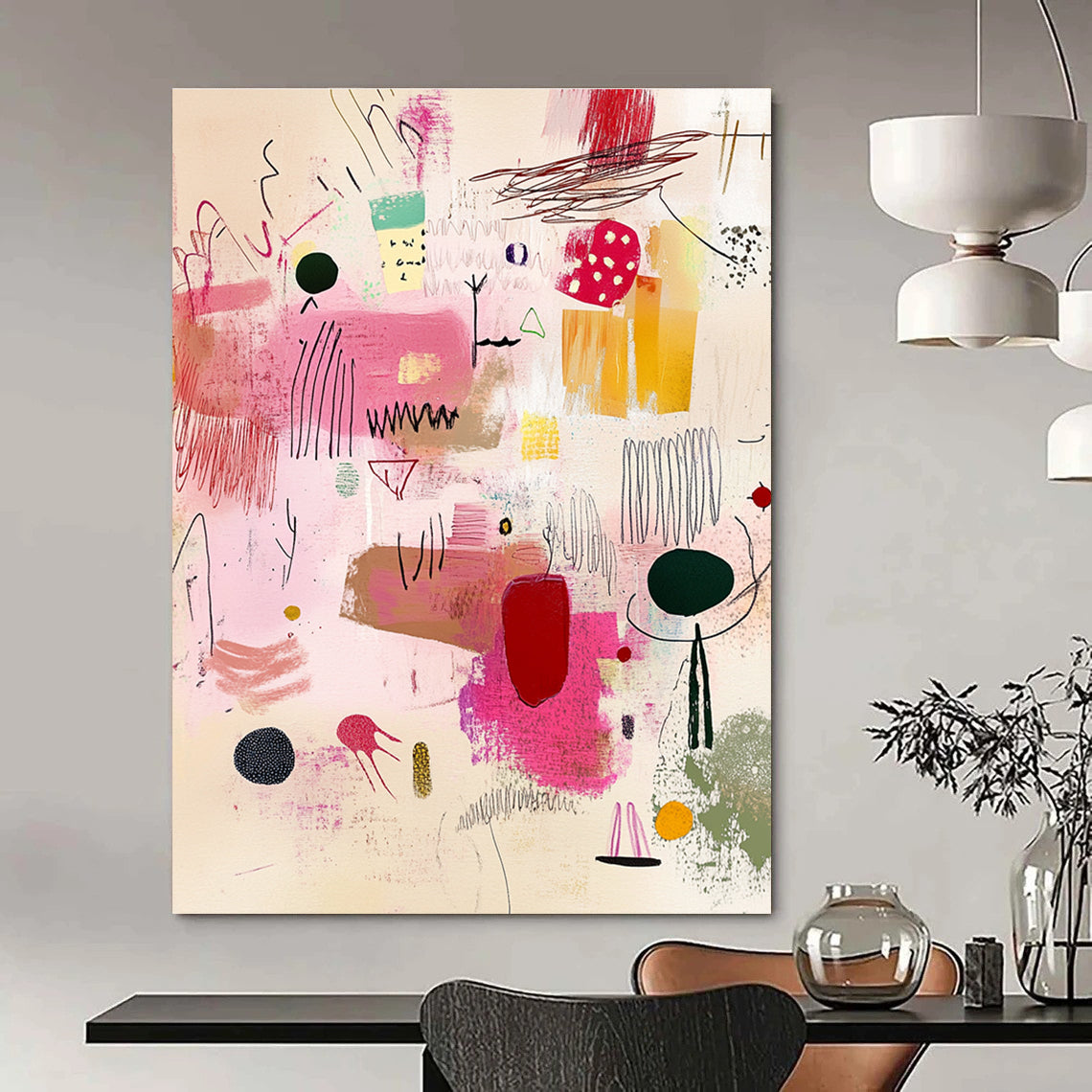Playful Pink Doodles Whimsical Sketch Abstract Painting GAB0248