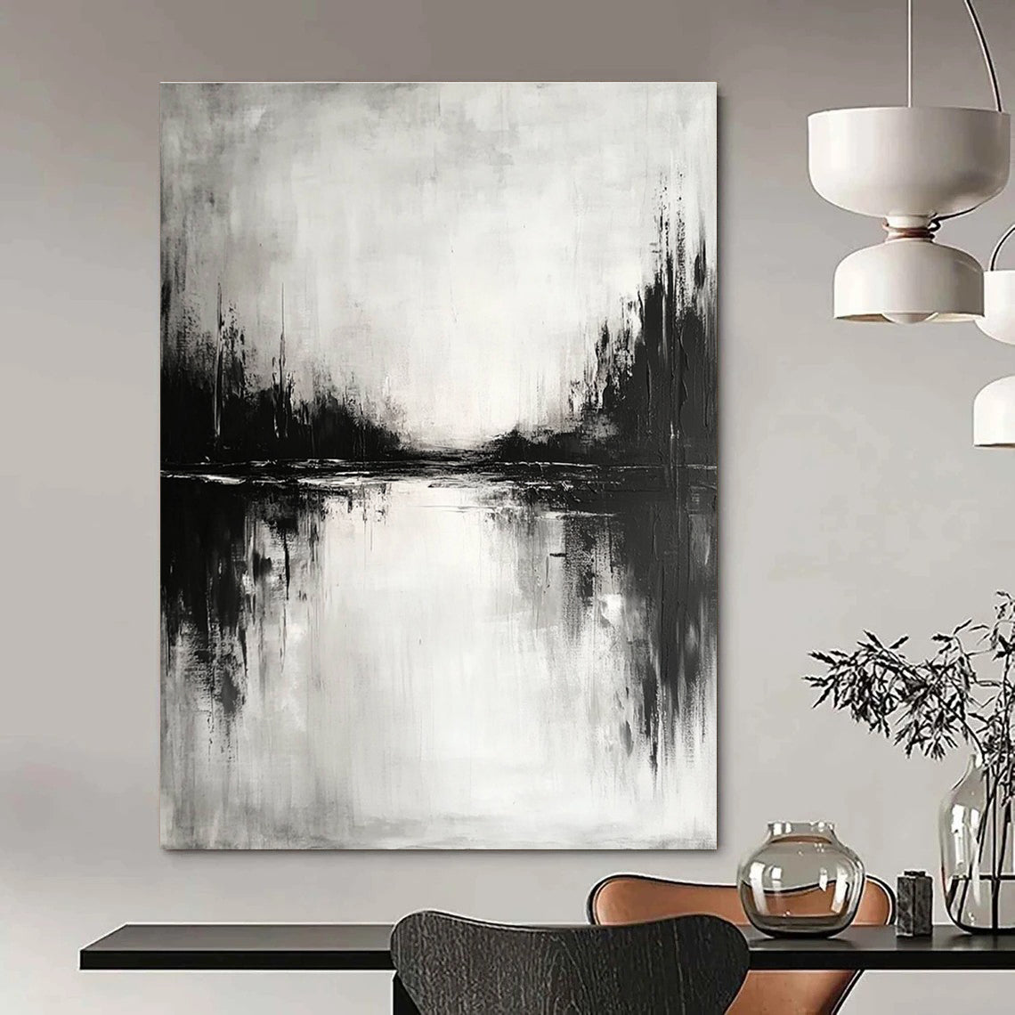 Black and White Lake Landscape - Moody Atmospheric Abstract Painting GAB0450