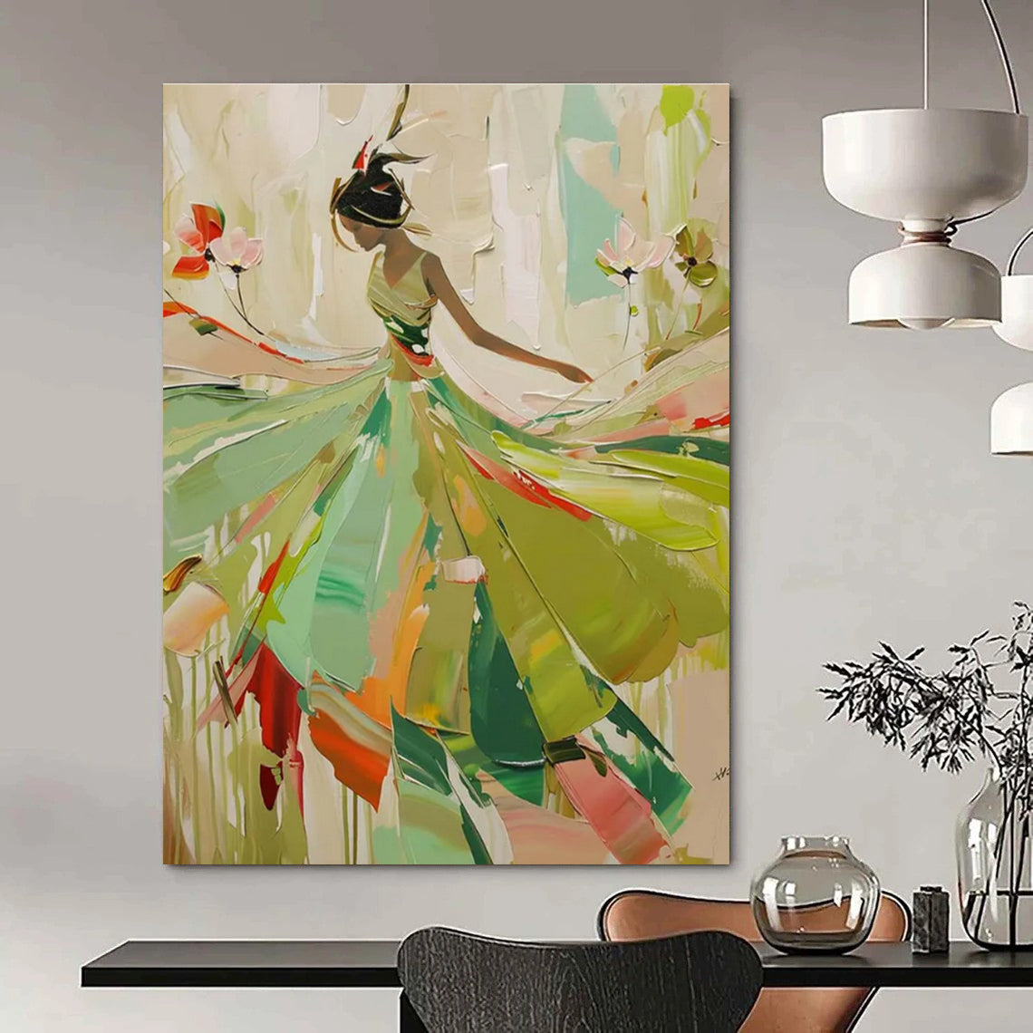 Dancing Lady in Green Abstract Painting for Art - Themed Ballrooms HENG082