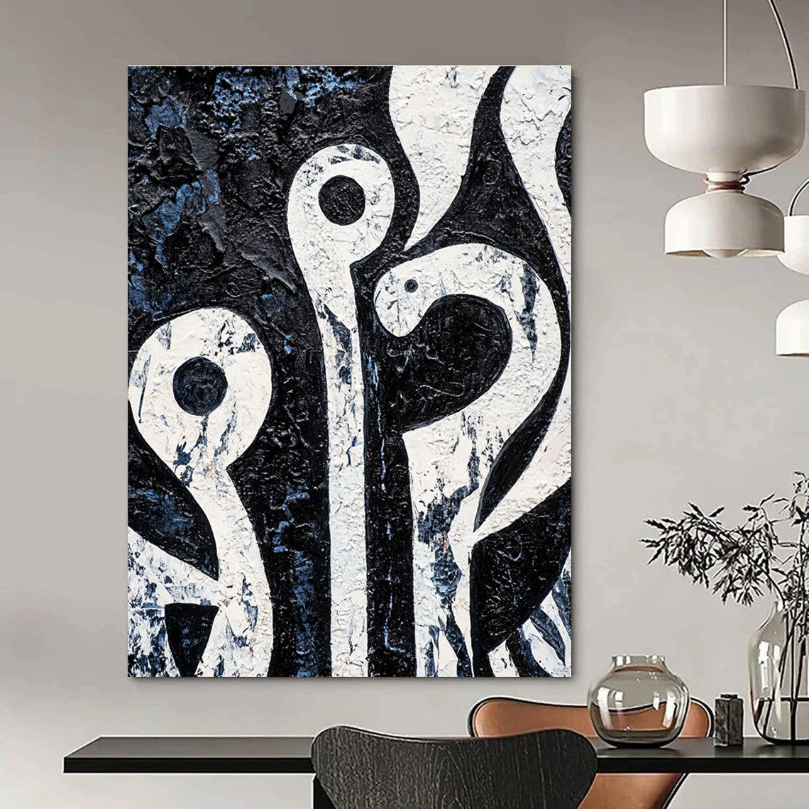 Black and White Organic Shapes Abstract Painting with Textured Surfaces GAB0056