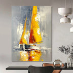 Yellow - Sailed Boat on Gray Water Abstract Painting for Nautical Spaces GAB1445