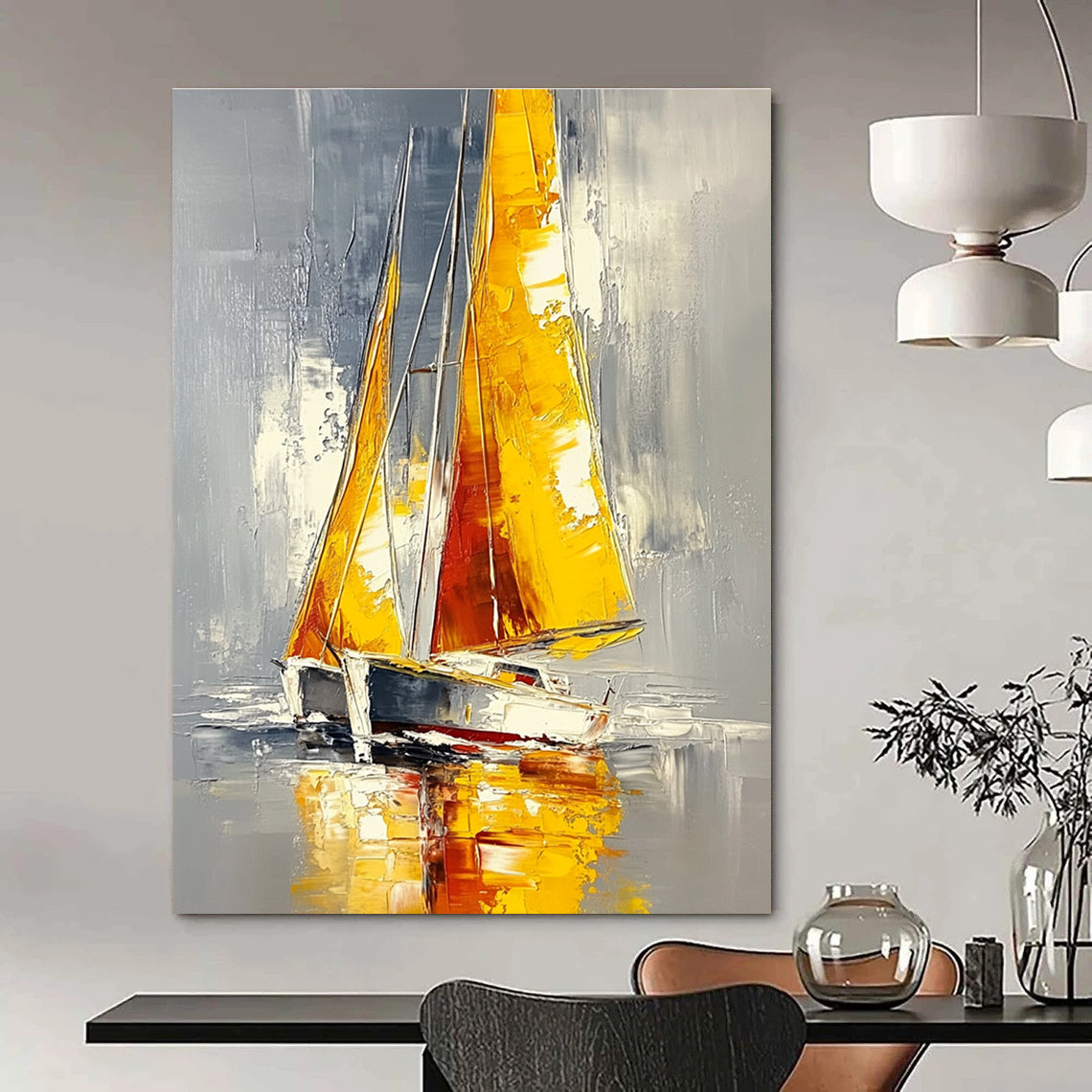 Yellow - Sailed Boat on Gray Water Abstract Painting for Nautical Spaces GAB1445