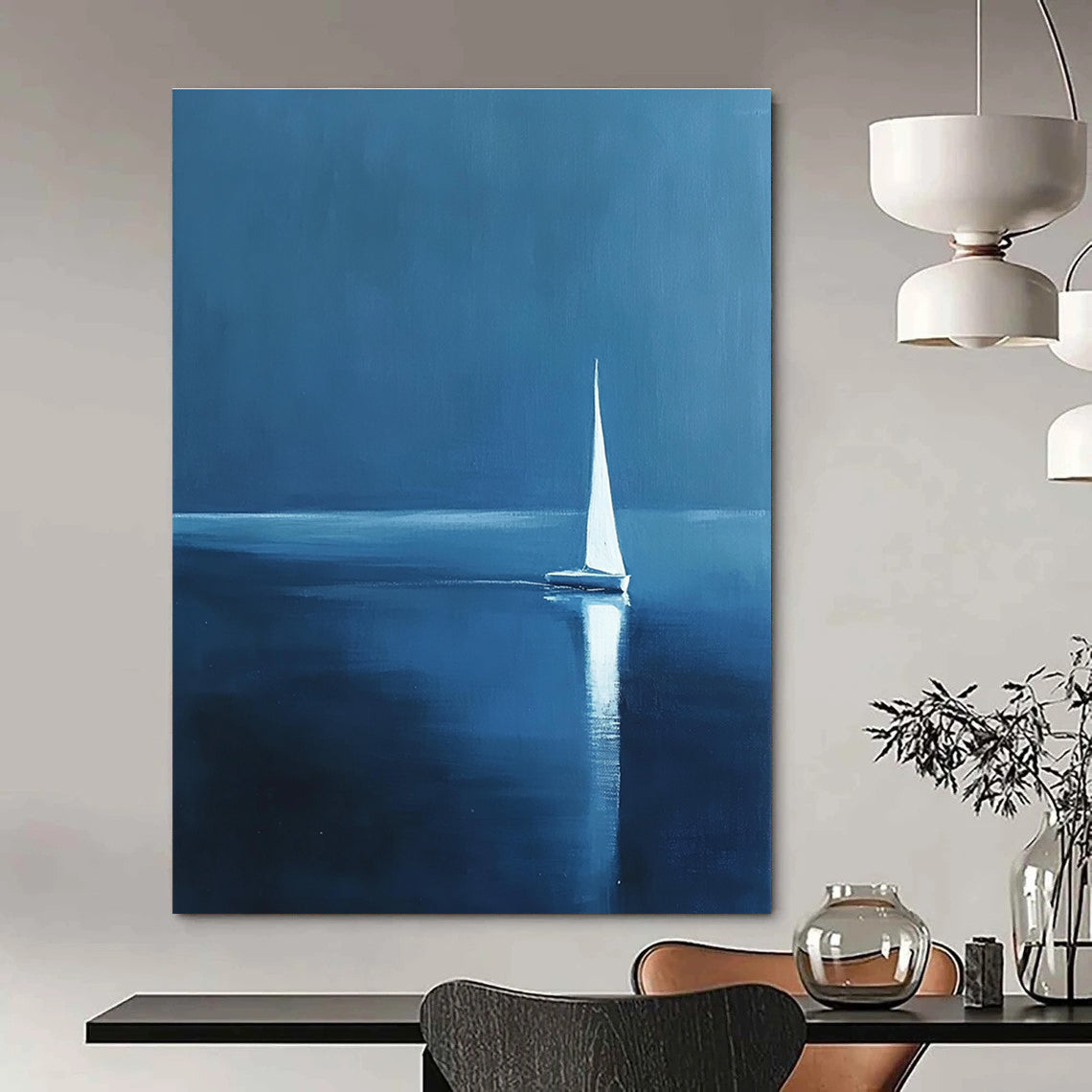 White Sailboat at Night Serene Maritime Abstract Painting GAB0223