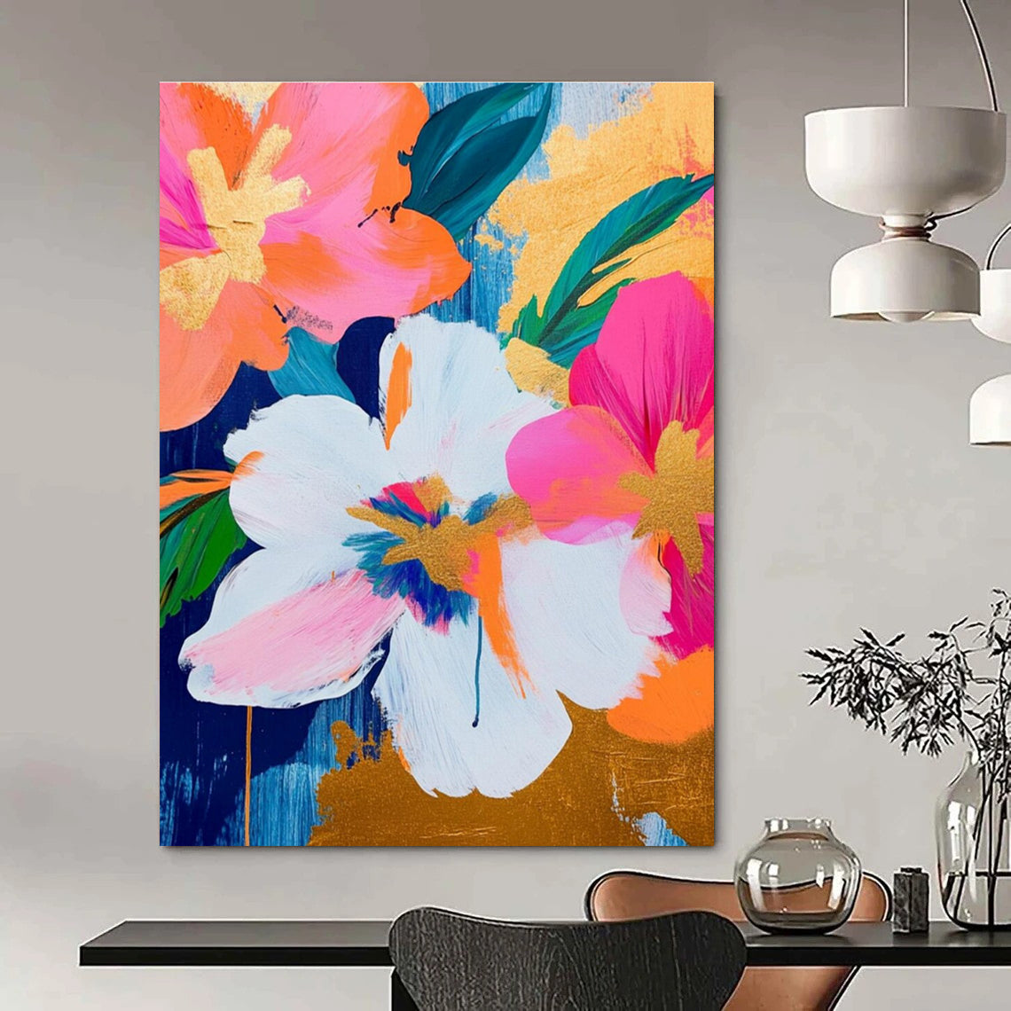 Cheerful Floral with Gold Accents Painting for Lively Interiors HENG284