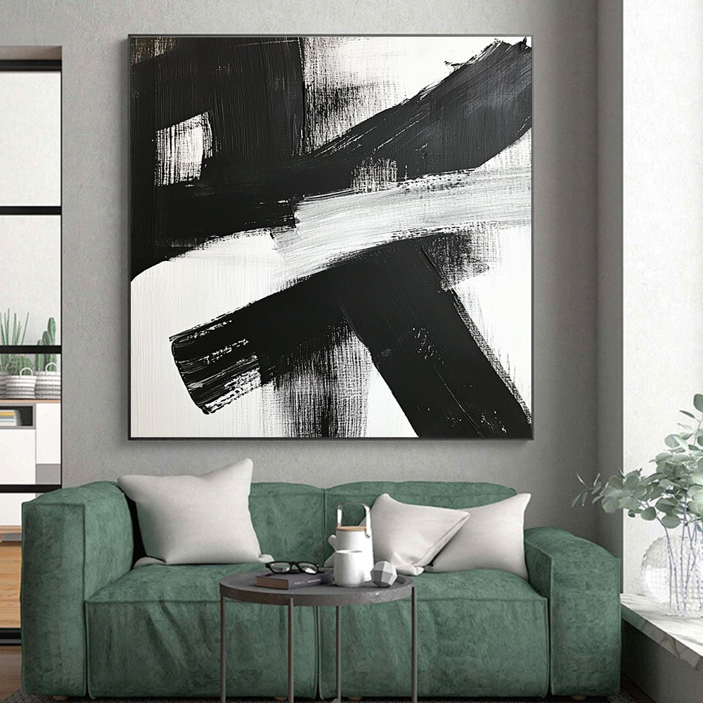Cross - Shaped Black - White Abstract Painting with Raw Impact WINK359