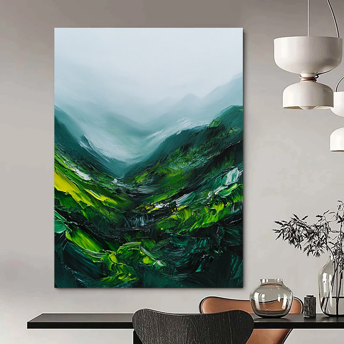 Misty Green Mountains Abstract Painting for Nature - Inspired Retreats GAB1070