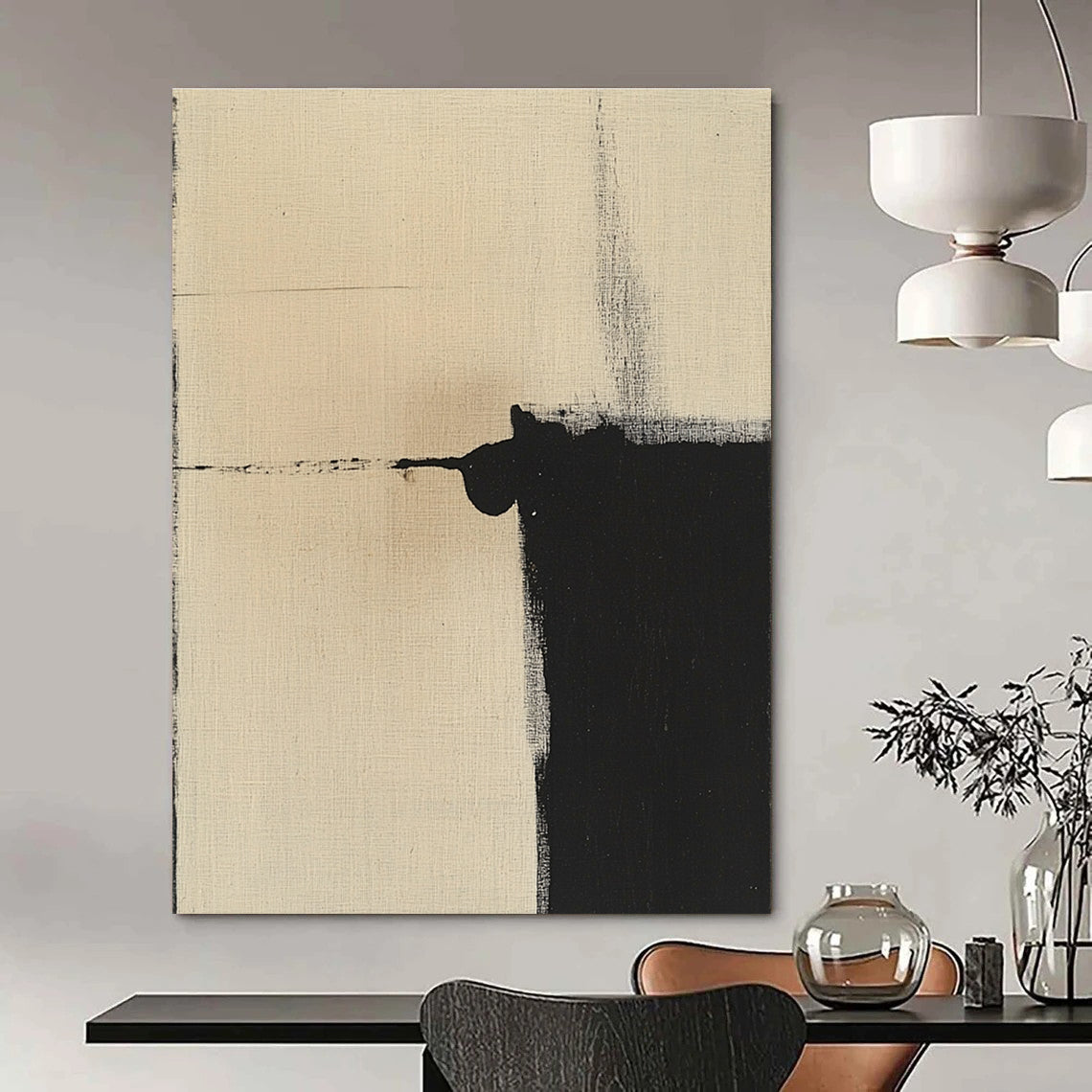 Minimalist Black and Beige Abstract Painting of Quiet Contrast GAB0213