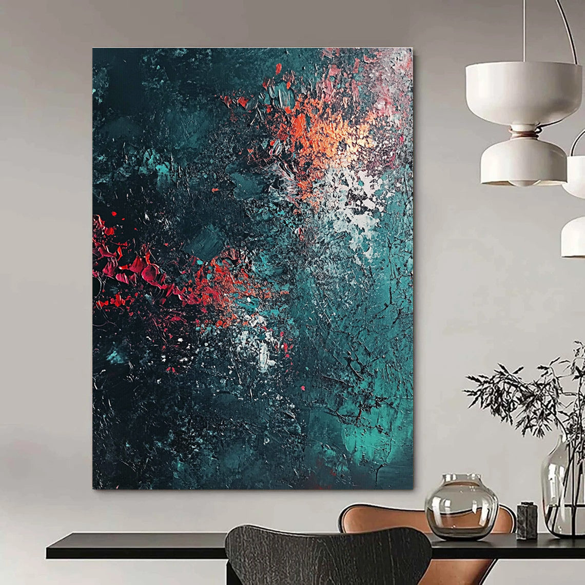 Dark Teal and Red Abstract Painting for Intimate Wine Bars GAB0857
