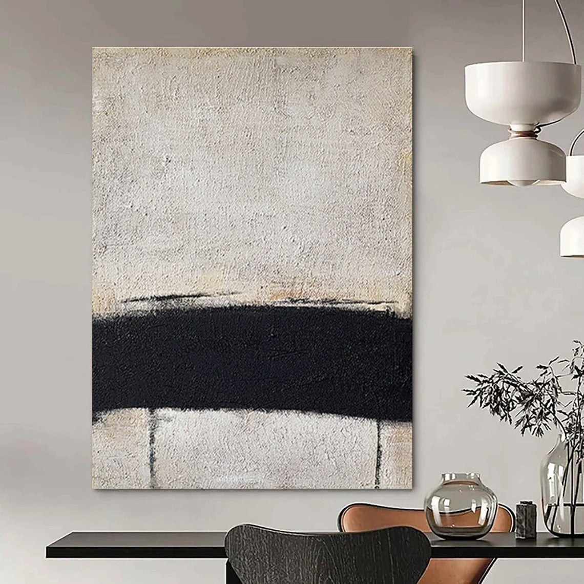 Minimalist Black and White Horizontal Line Abstract Painting for Monochrome Bedrooms HENG353