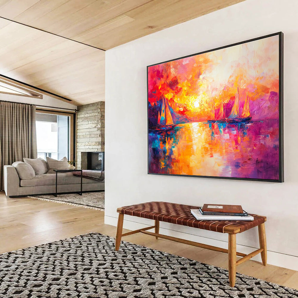 Colorful Sunset Sailboats with Vivid Palette Abstract Painting ABS321