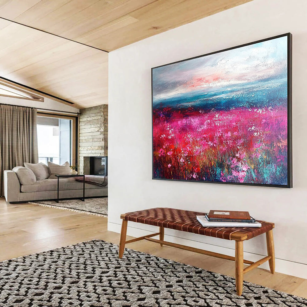 Pink Flower Field and Seascape Abstract Painting with Vivid, Romantic Ambiance ABS472