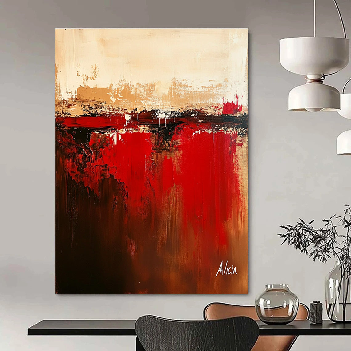 Geometric Abstract with Red Accents Painting for Mid - Century Modern Homes GAB1154
