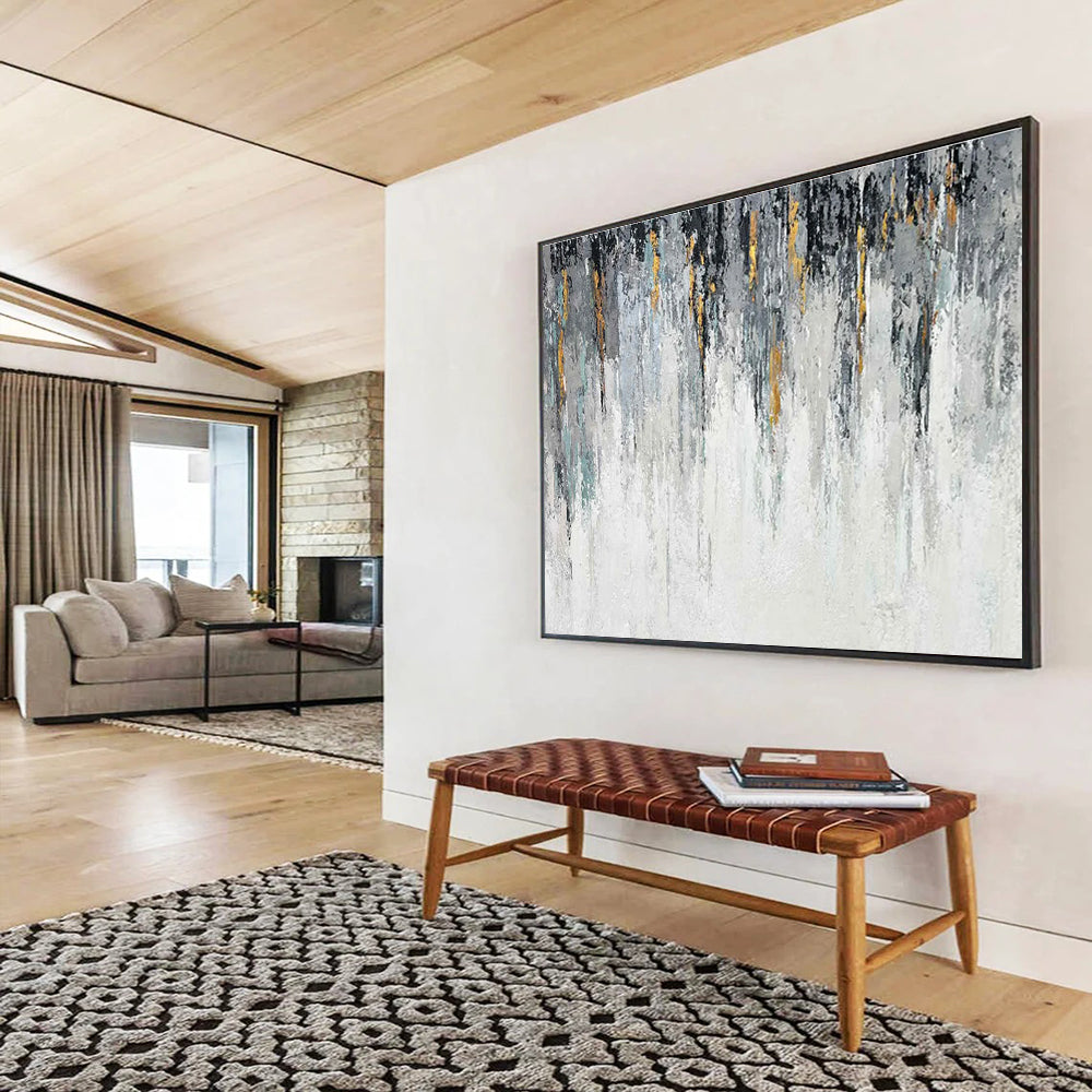 Gray and Gold Drip Abstract Painting for Sophisticated Office Reception Areas YHT277