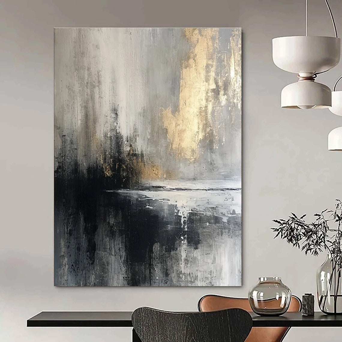 Moody Gray - Gold Abstract Painting for Sophisticated Lounges HENG067