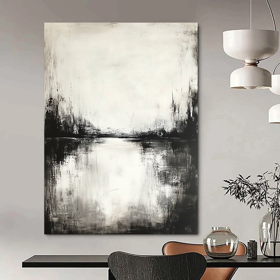 Black and White River Scene - Serene Minimalist Abstract Painting GAB0451