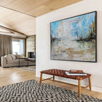 Light Blue and Gold Abstract Lake Painting for Lakeside Vacation Homes YHT348