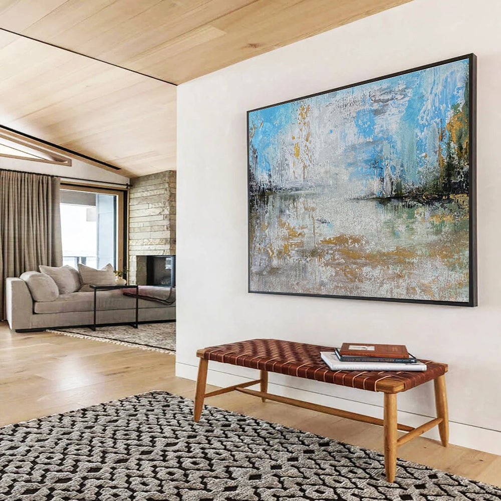 Light Blue and Gold Abstract Lake Painting for Lakeside Vacation Homes YHT348