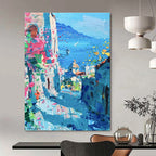 Coastal Town with Flowers Abstract Painting for Mediterranean - Style Cafes HENG530