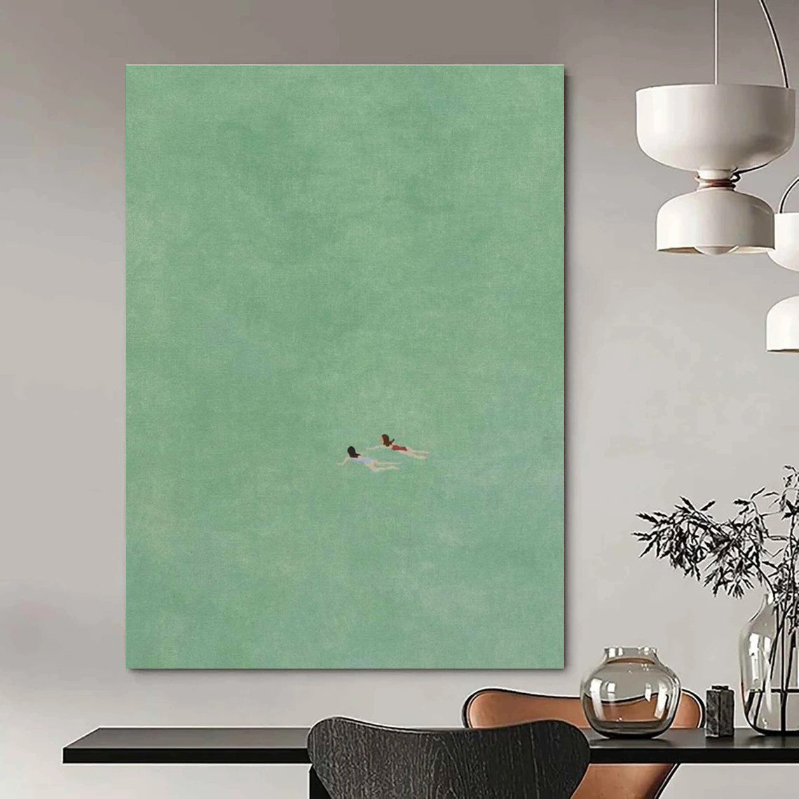Two Swimmers in Green Minimalist Painting for Calm Interiors HENG305
