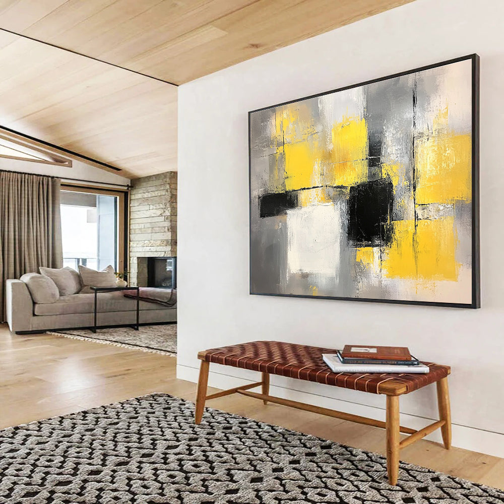 Yellow, Gray and Black Geometric Abstract Painting with Vibrant and Neutral Tones ABS400