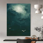 Dark Green Sky with White Birds Abstract Painting for Nature - Themed Spas HENG508