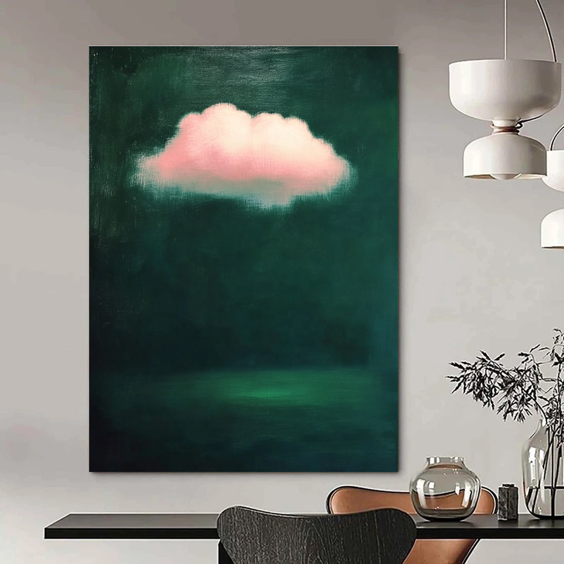 Pink Cloud on Dark Green Dreamy Abstract Painting for Thoughtful Spaces GAB1447
