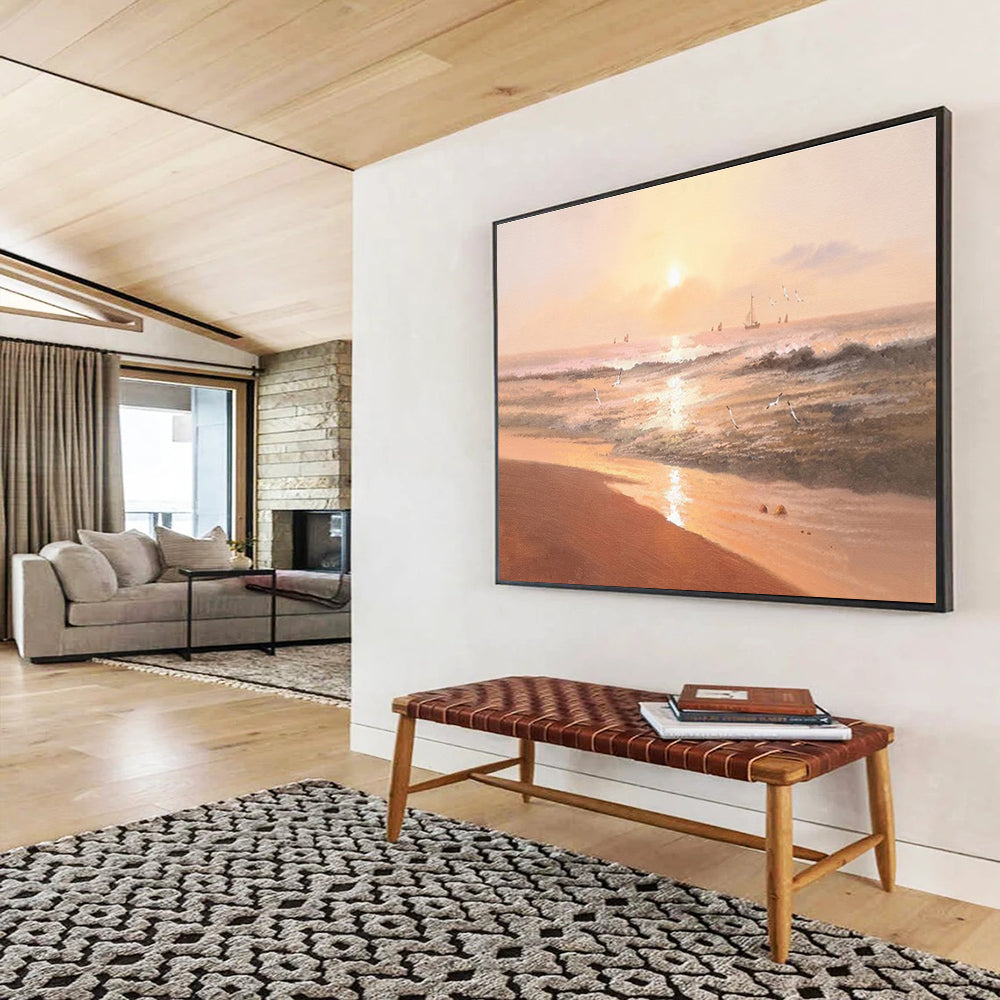 Beach Sunset with Birds Abstract Painting for Coastal Resort Lobbies YHT266