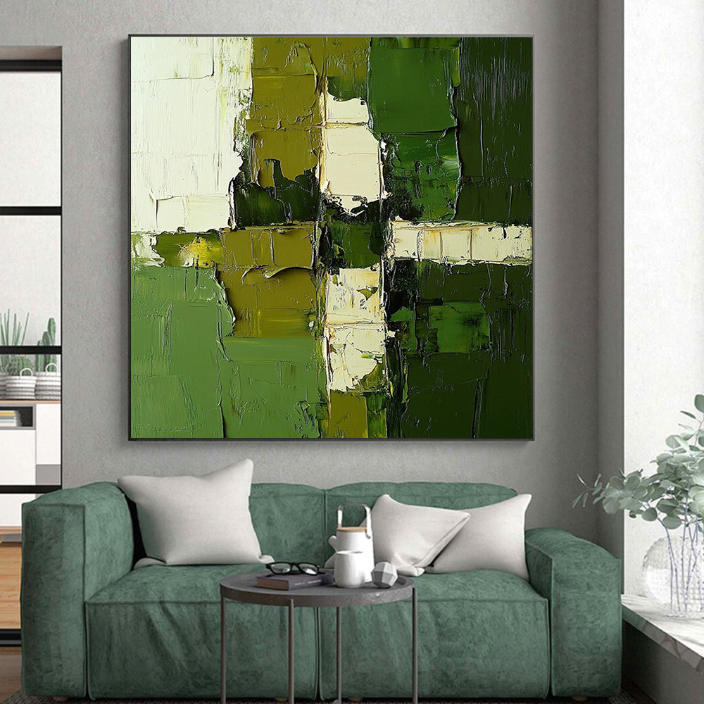 Green White Geometric Abstract Painting with Textured Precision WINK606